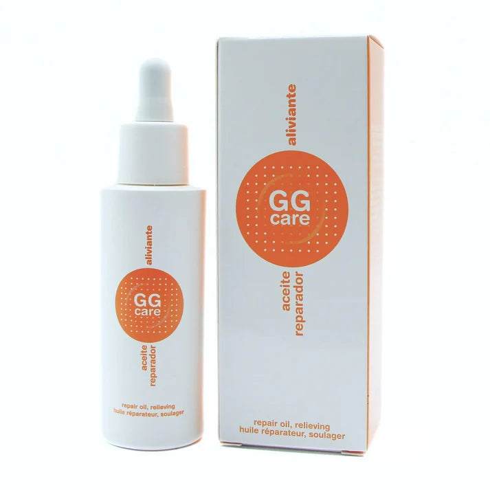 Aceite reparador oncológico GGCare en frasco blanco para el cuidado de la piel durante tratamientos oncológicos
