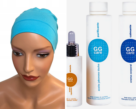 Pack quimio completo de OncoVitalCare con productos para el cuidado oncológico, incluyendo crema corporal y gorro