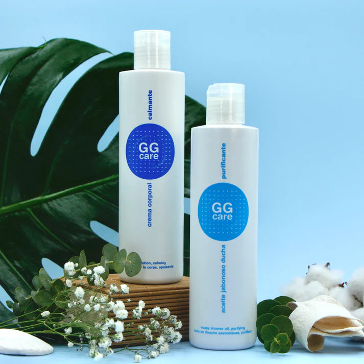 Productos de GGCare para tratamiento piel sensible y atopica, incluyendo loción calmante corporal y aceite de ducha suave.