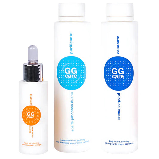 GGCare productos de cuidado oncológico para tratamiento quemaduras radioterapia, incluye aceite gel, gel purificante y crema corporal.
