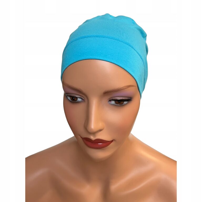 Turbante oncológico azul de Eva Design, ideal para comodidad y estilo durante el tratamiento médico