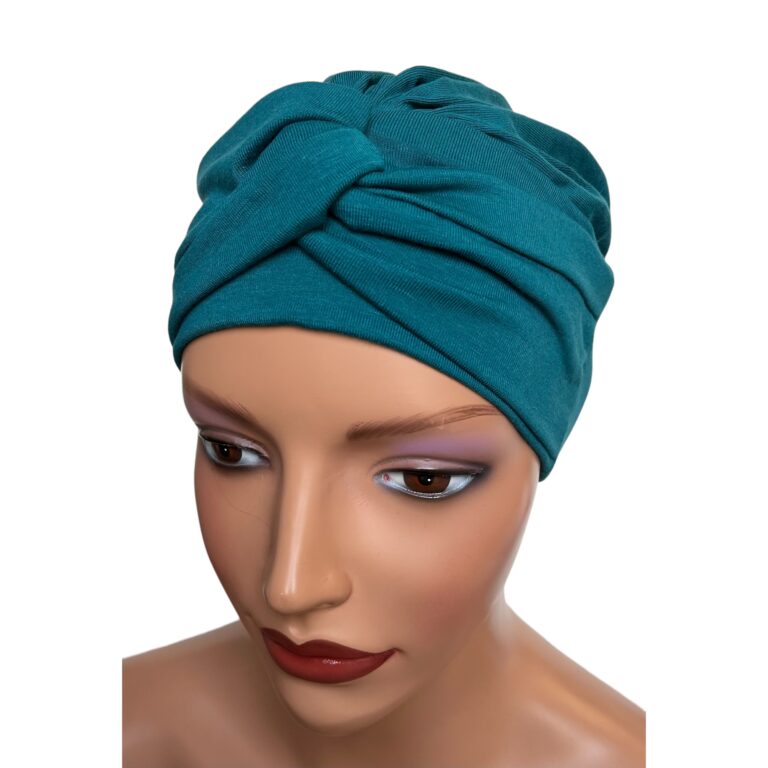 Turbante oncológico verano de bambú color teal, suave y cómodo para uso diario