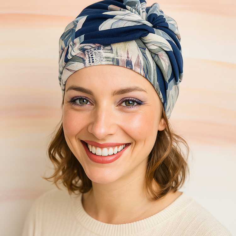 Mujer usando un turbante oncológico cómodo y de calidad en colores vibrantes, mostrando estilo y confianza.