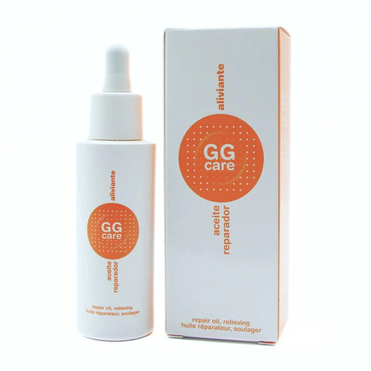 Aceite reparador oncológico GGCare en frasco blanco para el cuidado de la piel durante tratamientos oncológicos