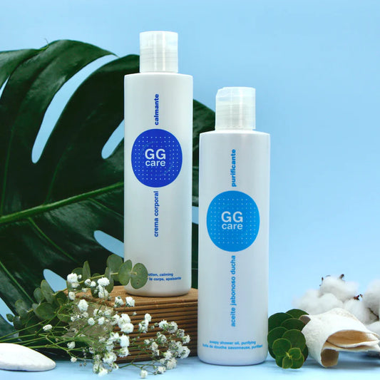 Productos de GGCare para tratamiento piel sensible y atopica, incluyendo loción calmante corporal y aceite de ducha suave.