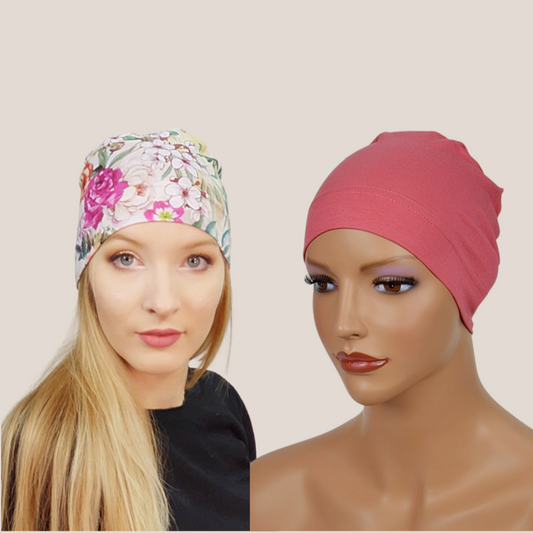 PACK turbante oncológico cómodo en dos colores, floral y liso, ideal para mujeres en tratamiento médico
