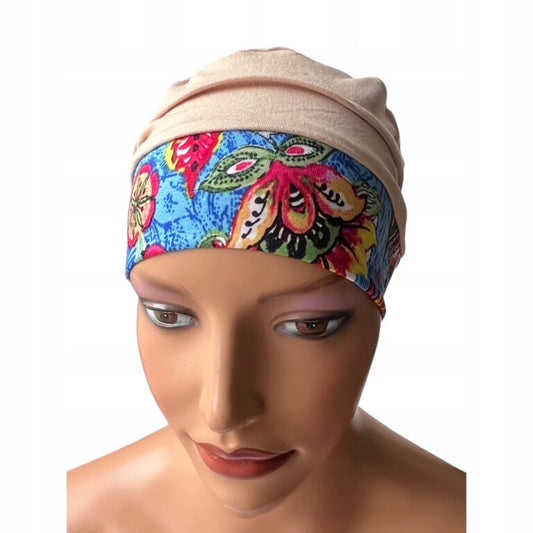 Turbante oncológico bambú con diseño colorido, ideal para comodidad y estilo durante el tratamiento