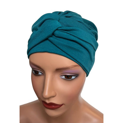 Turbante oncológico verano de bambú color teal, suave y cómodo para uso diario